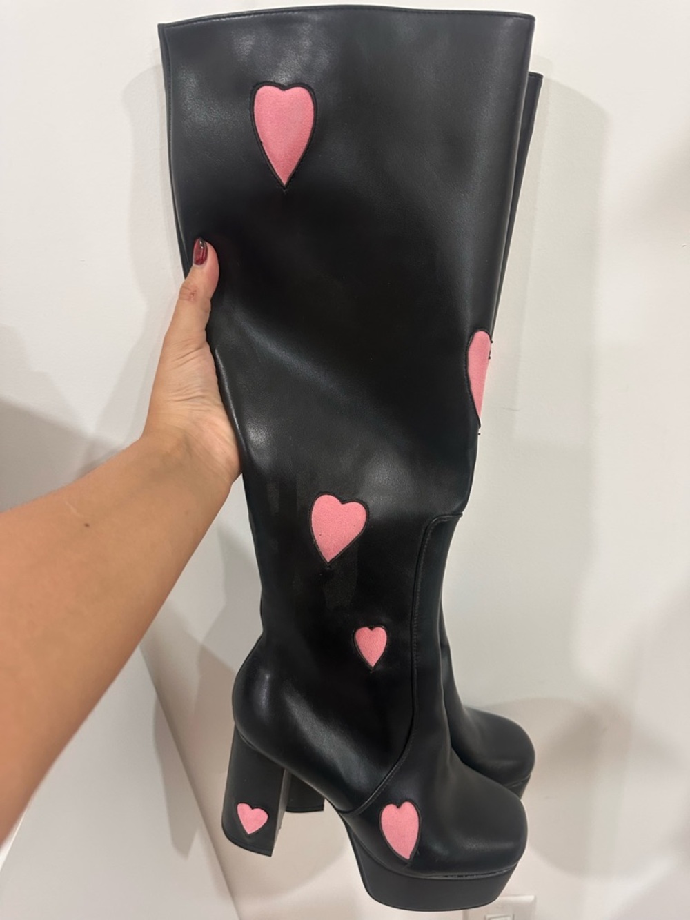 Lamoda Black Knee-High Platform Boots with Pink Hearts - NEW